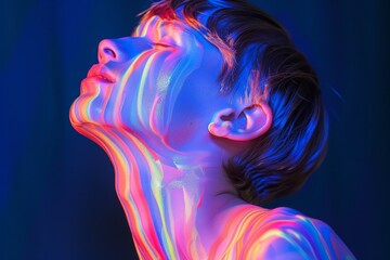 A boy face glows brightly as it is adorned with vibrant neon paint, creating a stunning and captivating visual display, RGB light effect
