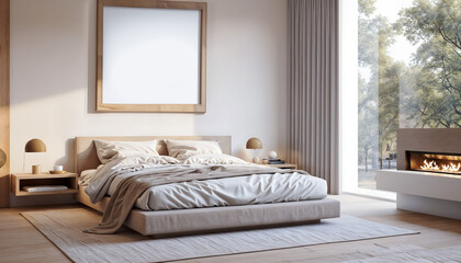 Modern bedroom interior design with Elegant Photo Frame mockup. 3d rendering, 3d illustration.