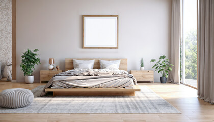 interior of modern bedroom with wooden bed with Elegant Photo Frame mockup 3d render illustration mock up