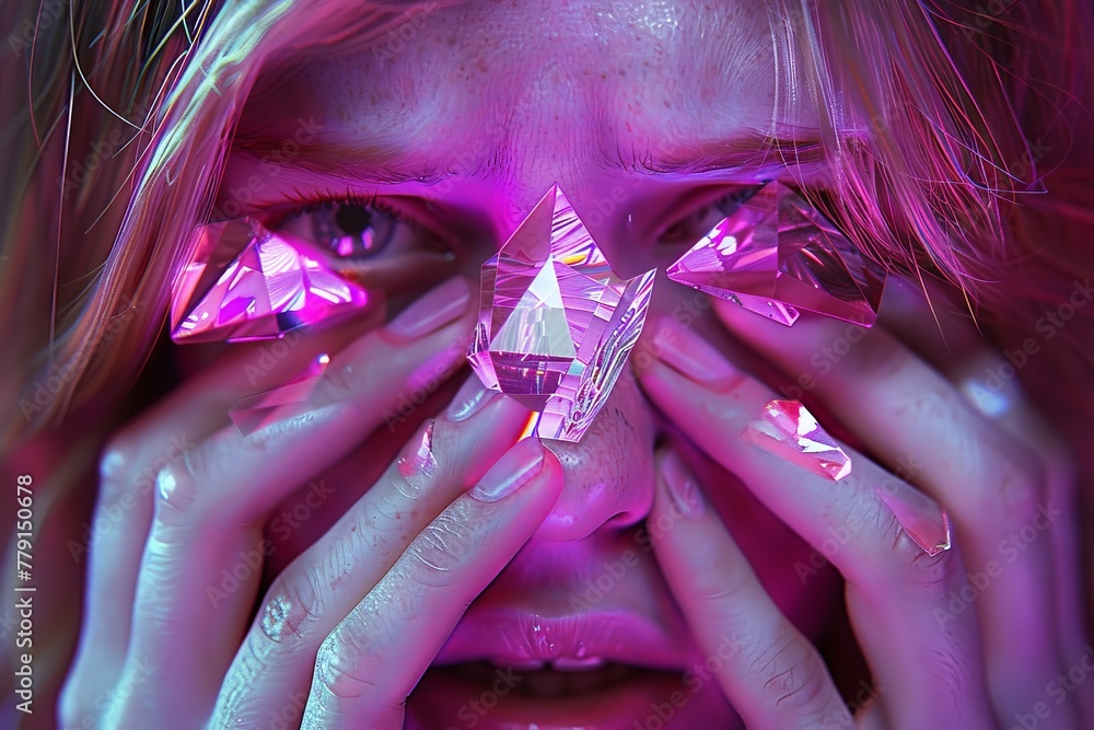 Aufkleber a woman with pink lights flowing over her eyes, creating a mesmerizing and ethereal visual experienc