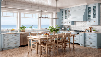 Fototapeta premium 3d rendering of a modern kitchen in a house with a sea view