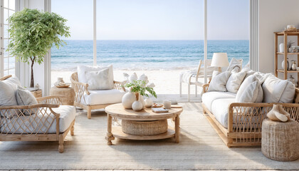 modern living room with sea view and wicker furniture, 3d render