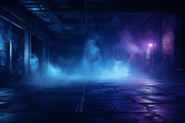 Fototapeta premium Moody Industrial Warehouse with Neon Lighting and Smoke Generative AI