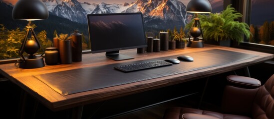 elegant luxury workplace. Modern computer, black leather mousepad on wooden table