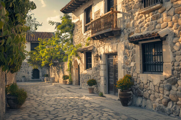 Fototapeta na wymiar Stone houses that have been restored and restored to a modern design.