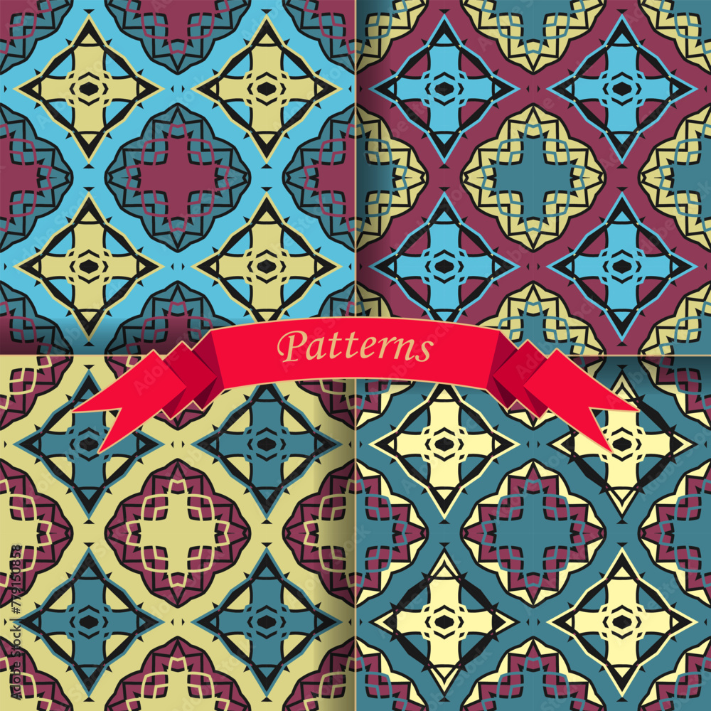 Poster seamless pattern with ethnic composition in four color interpretations. version no. 2. vector set