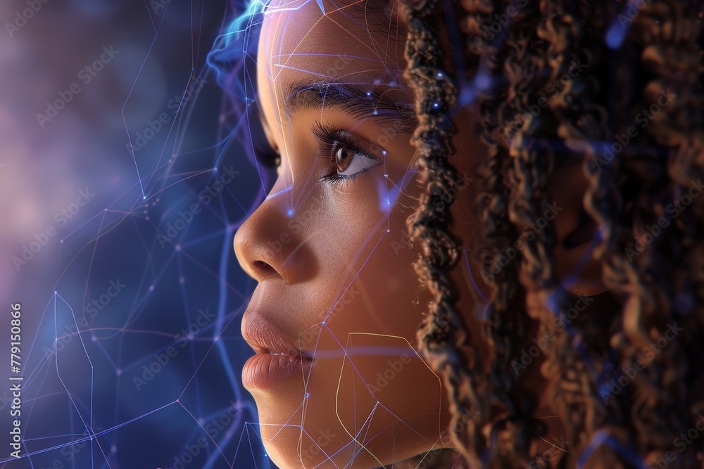 Poster A close-up view of a womans face revealing a network of intricate patterns covering her skin, creating a captivating and surreal visual experience