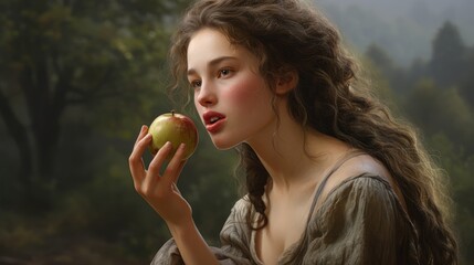A woman with long hair and red lipstick holds an apple to her mouth as if about to take a bite. She wears a grey dress and is surrounded by a forest.