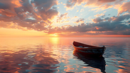 Boat on calm waters at sunset - Ai Generated