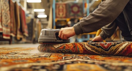 Close up of male hands operating heavy-duty carpet cleaner on ornate carpet inside spacious, industrial cleaning facility. Concept of rug restoration, professional cleaning service, carpet maintenance