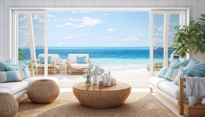 Naklejka premium Cozy living room with sea view. 3d rendering mock up