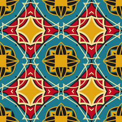 Seamless pattern with ethnic ornament. The palette is dominated by blue, red and yellow colors. Vector illustration