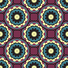 Seamless pattern with round decorative elements in burgundy and blue colors. Vector illustration