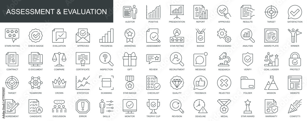 Aufkleber assessment and evaluation web icons set in thin line design. pack of auditor, presentation, report, 