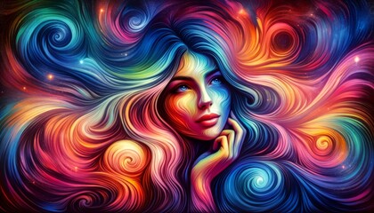 A vibrant painting of a womans face with flowing colorful hair, capturing a range of emotions in bold brush strokes and bright hues