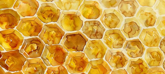 Watercolor illustration of Golden Honeycomb with honey close up. Natural pattern. Texture. Concept of apiculture, natural design, beekeeping, bee craft. Abstract background. Copy space. Wide Banner