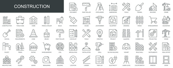 Construction web icons set in thin line design. Pack of paint roller, step ladder, tools, trowel, building, crane, drawing, fence, real estate, other outline stroke pictograms. Vector illustration.