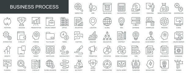 Business process web icons set in thin line design. Pack of inspection, hire, calculation money, coaching, protection, cooperation, success, task, other outline stroke pictograms. Vector illustration.