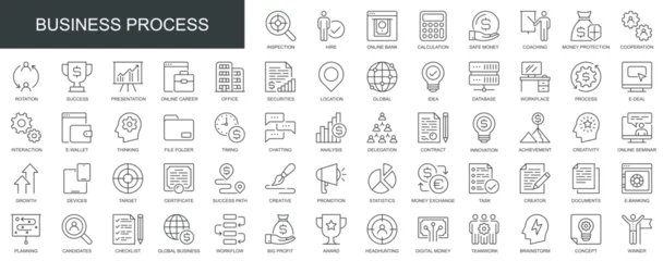 Tischdecke Business process web icons set in thin line design. Pack of inspection, hire, calculation money, coaching, protection, cooperation, success, task, other outline stroke pictograms. Vector illustration. © alexdndz