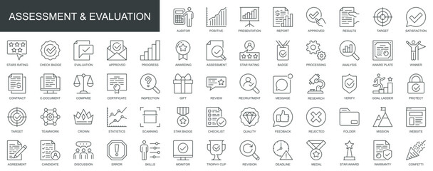 Fototapeta premium Assessment and evaluation web icons set in thin line design. Pack of auditor, presentation, report, results, target, satisfaction, rating, award, other outline stroke pictograms. Vector illustration.