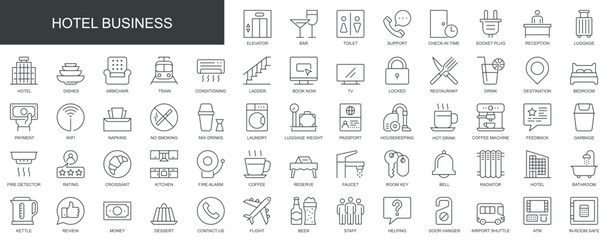 Hotel business web icons set in thin line design. Pack of elevator, bar, toilet, reception, luggage, restaurant, kitchen, bedroom, reserve, room, other outline stroke pictograms. Vector illustration. - obrazy, fototapety, plakaty