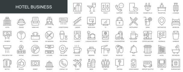 Gardinen Hotel business web icons set in thin line design. Pack of elevator, bar, toilet, reception, luggage, restaurant, kitchen, bedroom, reserve, room, other outline stroke pictograms. Vector illustration. © alexdndz