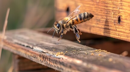 Close-up of a honeybee in flight near a wooden beehive. A bee near to the hive entrance. Concept of pollination, beekeeping, honey production, bee farming, and natural ecosystems.