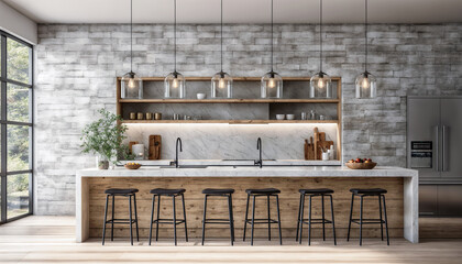 Interior of modern kitchen with white brick walls, wooden floor, concrete countertops and bar with stools. 3d rendering