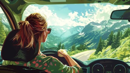 Scenic mountain drive for a young woman on her summer adventure.