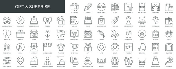 Gift and surprise web icons set in thin line design. Pack of confetti, music, toy, e-commerce, laurel wreath, discount, wishlist, price tag, cake, other outline stroke pictograms. Vector illustration. - obrazy, fototapety, plakaty
