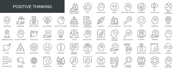Positive thinking web icons set in thin line design. Pack of family value, reflection, emotional control, confidence, gratitude, relationship, other outline stroke pictograms. Vector illustration.