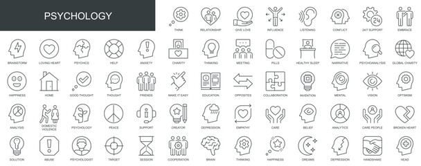 Psychology web icons set in thin line design. Pack of relationship, love, influence, listening, support, brainstorm, anxiety, charity, meeting, other outline stroke pictograms. Vector illustration. - obrazy, fototapety, plakaty