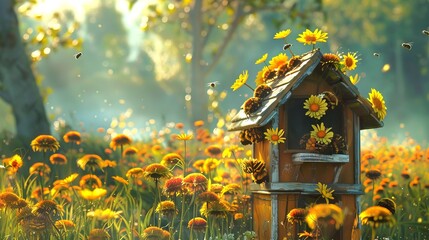 Bees buzzing around a hive amidst vibrant flowers. Beehive in a sunlit floral meadow. Concept of pollination, biodiversity, bee conservation, and springtime. Digital illustration - obrazy, fototapety, plakaty