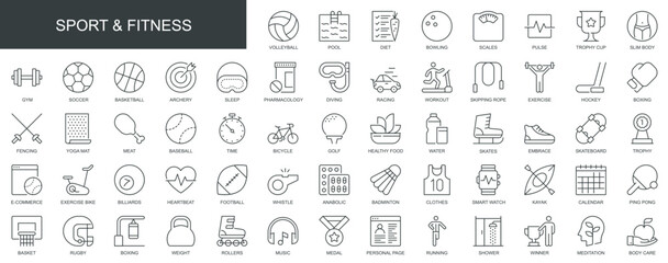 Sport and fitness web icons set in thin line design. Pack of volleyball, pool, diet, scales, pulse, gym, pharmacology, workout, exercise, boxing, other outline stroke pictograms. Vector illustration. - obrazy, fototapety, plakaty
