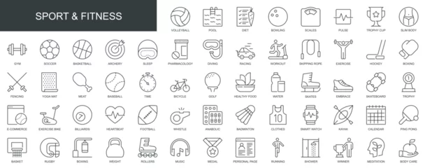 Poster Sport and fitness web icons set in thin line design. Pack of volleyball, pool, diet, scales, pulse, gym, pharmacology, workout, exercise, boxing, other outline stroke pictograms. Vector illustration. © alexdndz