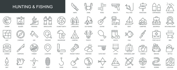 Fototapeta na wymiar Hunting and fishing web icons set in thin line design. Pack of knife, mountain, trekking, binoculars, camping, pull fish, mushroom, forest, map, other outline stroke pictograms. Vector illustration.