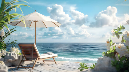 Beach chair and umbrella on sunny terrace by the sea - Ai Generated - obrazy, fototapety, plakaty