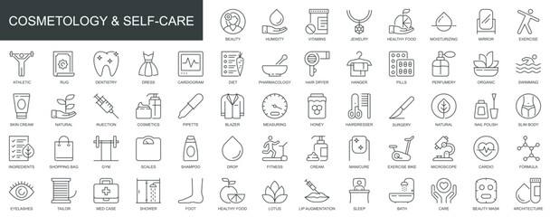 Fototapeta na wymiar Cosmetology and self care web icons set in thin line design. Pack of beauty, vitamin, jewelry, healthy food, moisturizing, dentistry, fitness, other outline stroke pictograms. Vector illustration.