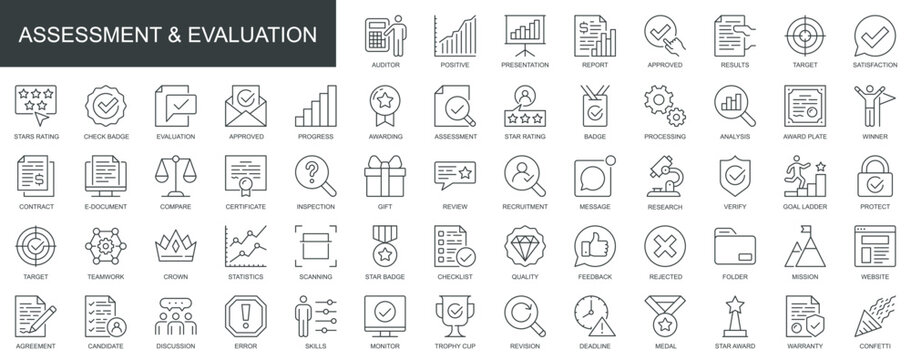 Assessment and evaluation web icons set in thin line design. Pack of auditor, presentation, report, results, target, satisfaction, rating, award, other outline stroke pictograms. Vector illustration.