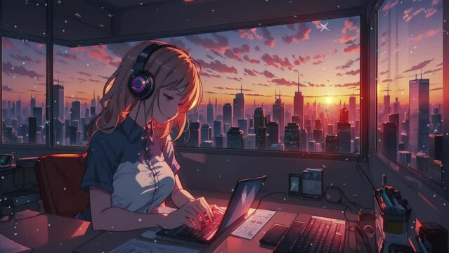 a girl working on a laptop with a head phone next to a large window with a sunset skyline window view, anime seamless loop animation.