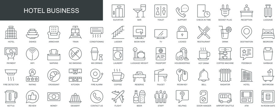 Hotel business web icons set in thin line design. Pack of elevator, bar, toilet, reception, luggage, restaurant, kitchen, bedroom, reserve, room, other outline stroke pictograms. Vector illustration.