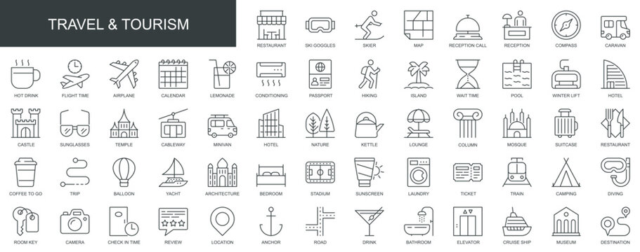 Travel and tourism web icons set in thin line design. Pack of hotel, compass, flight, passport, hiking, lounge, suitcase, trip, camping, ticket, other outline stroke pictograms. Vector illustration.