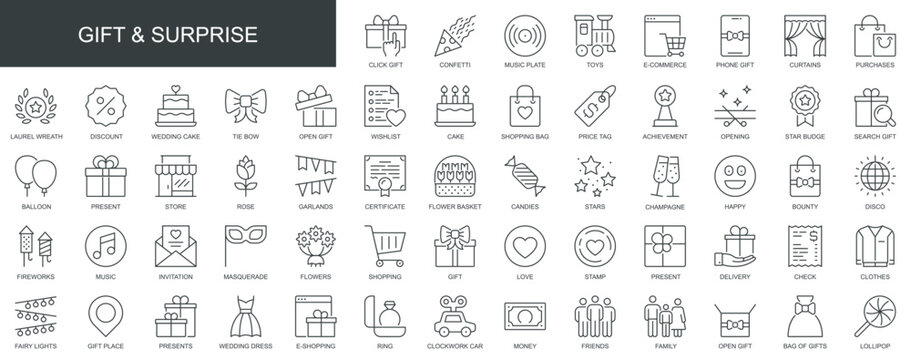 Gift and surprise web icons set in thin line design. Pack of confetti, music, toy, e-commerce, laurel wreath, discount, wishlist, price tag, cake, other outline stroke pictograms. Vector illustration.