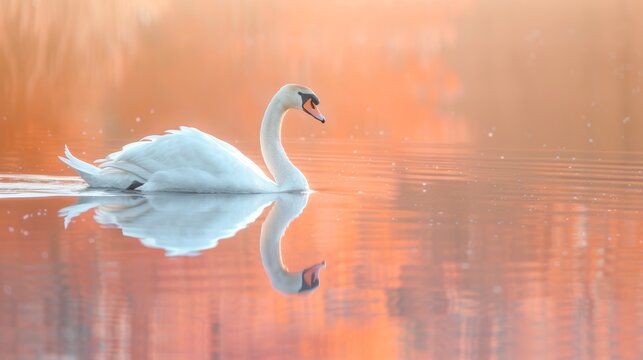 Graceful white swan gliding on tranquil lake with vibrant colors and photorealistic details