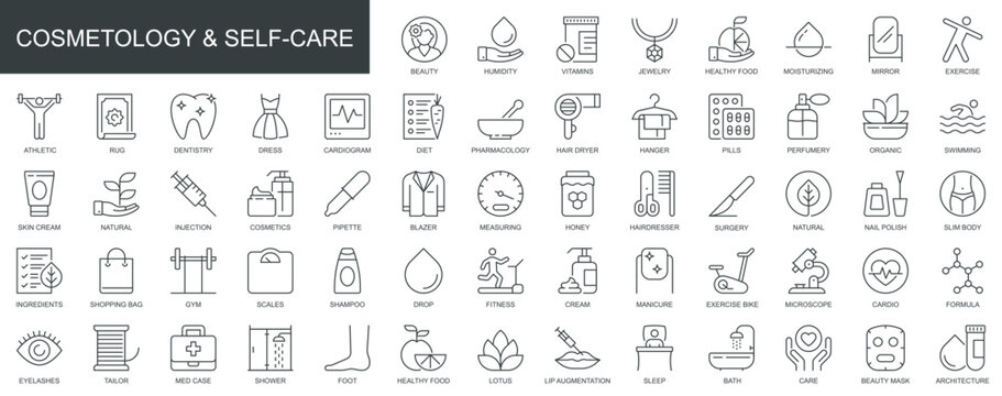 Cosmetology and self care web icons set in thin line design. Pack of beauty, vitamin, jewelry, healthy food, moisturizing, dentistry, fitness, other outline stroke pictograms. Vector illustration.