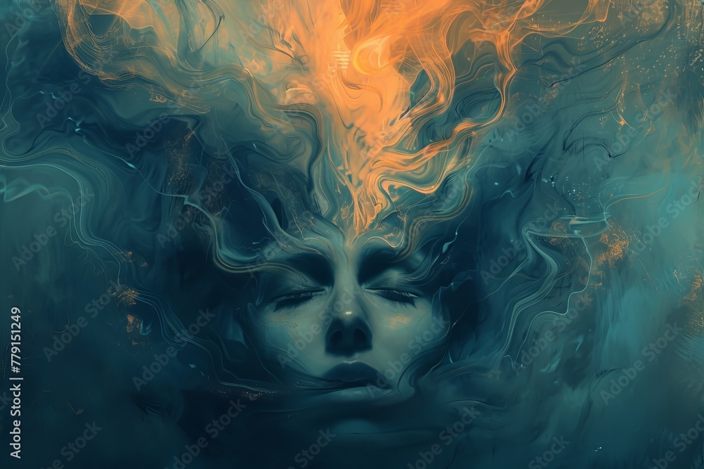 Poster a painting of a face consumed by fire, flames flickering and dancing around the features in a mesmer