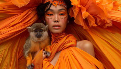 Vibrant portrait of a woman in flamboyant orange attire, with detailed facial adornments, holding a contemplative monkey, both enveloped in a whirlwind of vivid, swirling fabric - obrazy, fototapety, plakaty