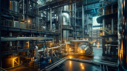Fototapeta premium A modern chemical manufacturing plant with reactors, mixing vessels, and control panels, momentarily still but capable of producing a wide range of chemical compounds