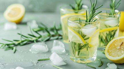 Obraz na płótnie Canvas Refreshing summer lemonade or cocktail with ice, rosemary, and lemon slices on a light green background. Enjoy a cold, healthy lemon beverage made with fresh lemons and water.