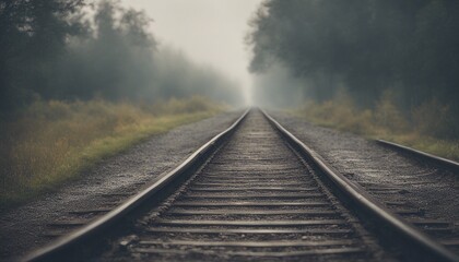 A misty morning reveals railway tracks stretching into the distance, in cool tones.